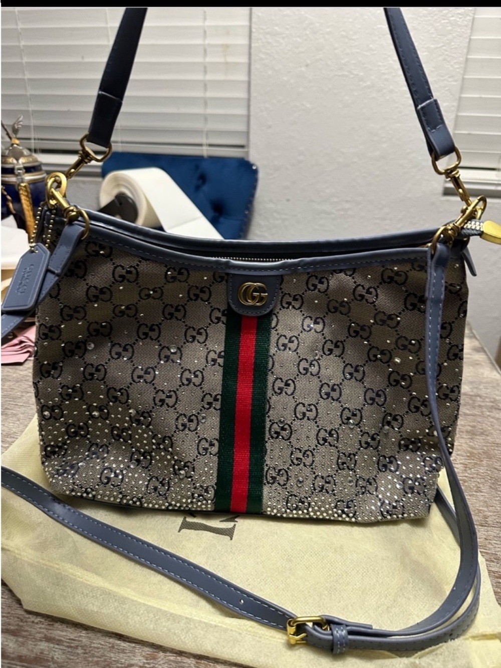 Blue-Trim Supreme Shoulder Bag with bling - Picture 9 of 11